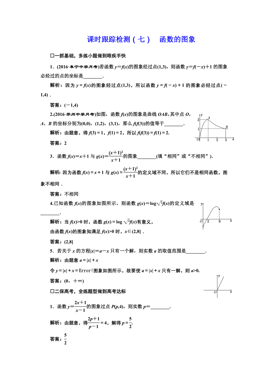 《三维设计》2017届高三数学（文）一轮总复习（江苏专用）课时跟踪检测（七）函数的图象 WORD版含解析.doc_第1页