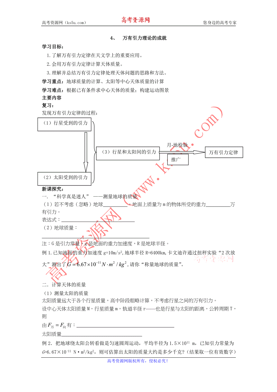 《名校推荐》江苏省南京市金陵中学人教版高一物理必修二自主学本导学案：6.4 万有引力理论的成就 .doc_第1页