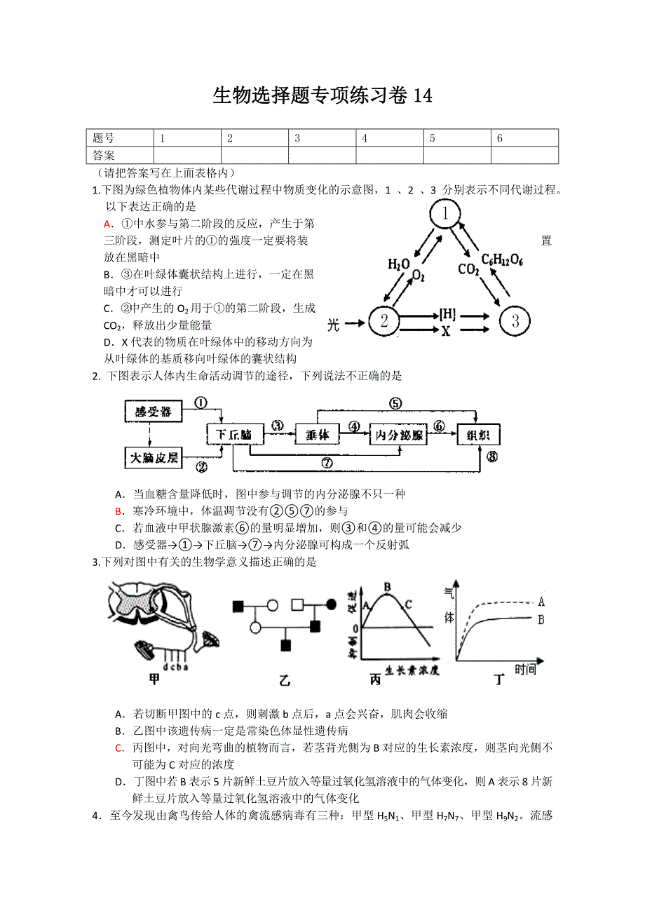 2011年高考生物专项练习：选择题（14）.doc_第1页