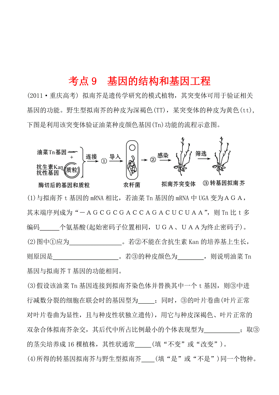 2011年高考生物试题（大纲版）分类汇编9 基因的结构和基因工程 WORD版含解析.doc_第1页