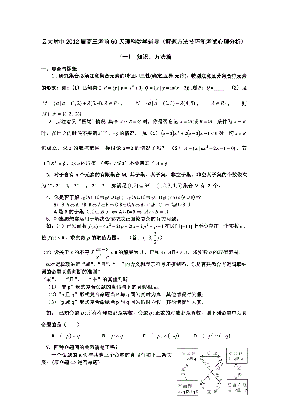 云大附中2012届高三考前60天理科数学辅导（解题方法技巧和考试心理分析）.doc_第1页