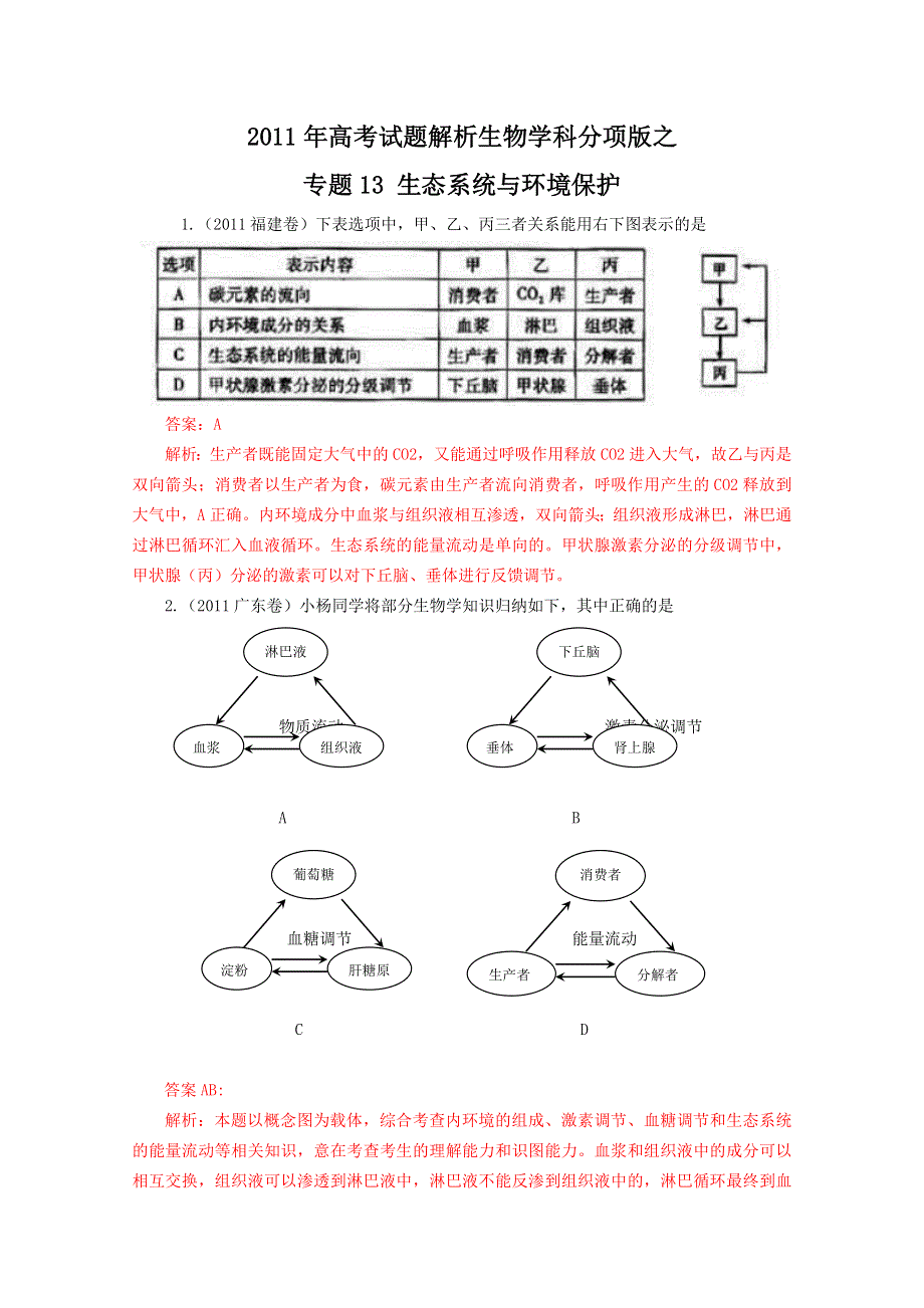 2011年高考真题解析生物分项版13生态系统与环境保护.doc_第1页