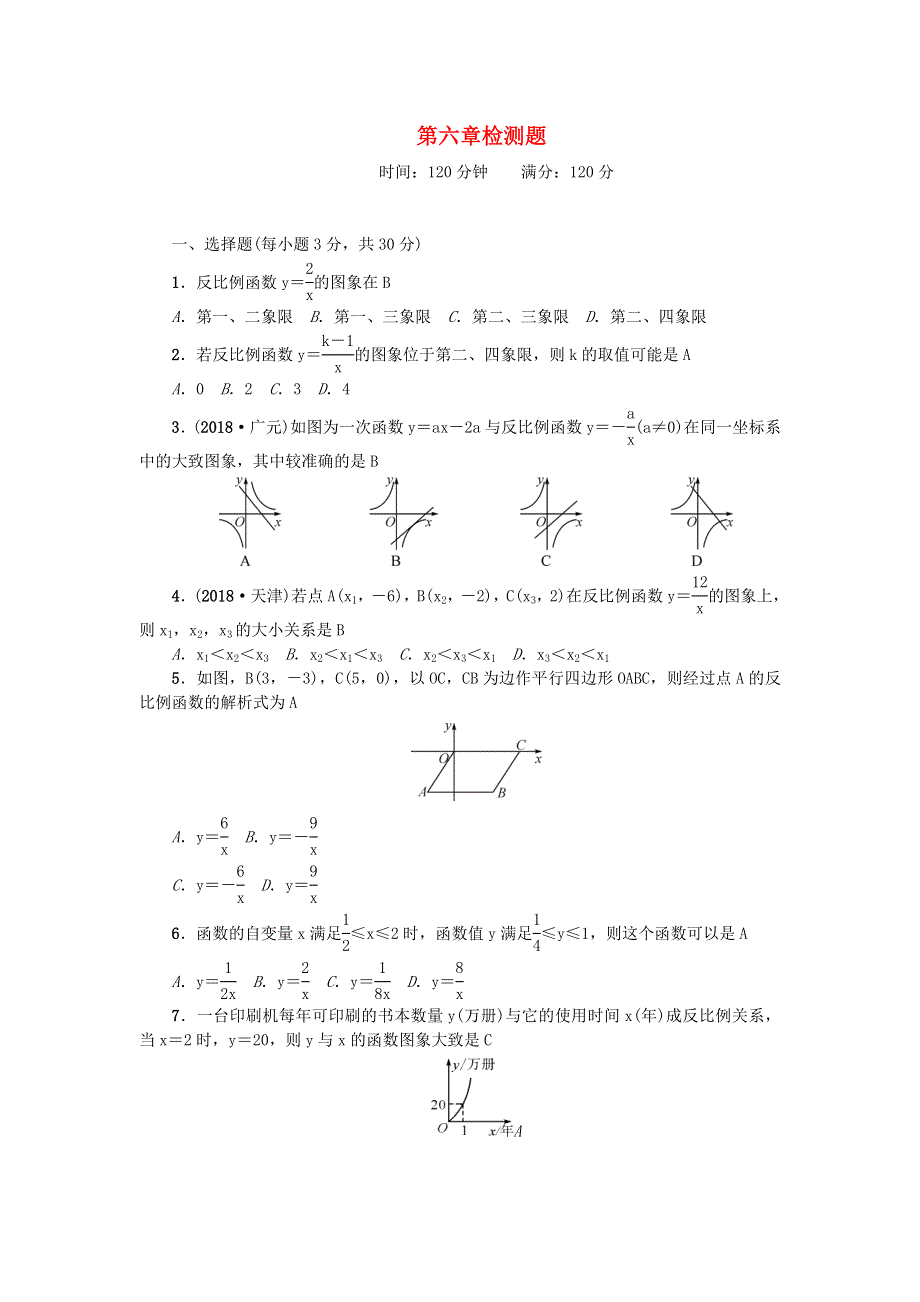 九年级数学上册 第六章 反比例函数检测题 （新版）北师大版.doc_第1页