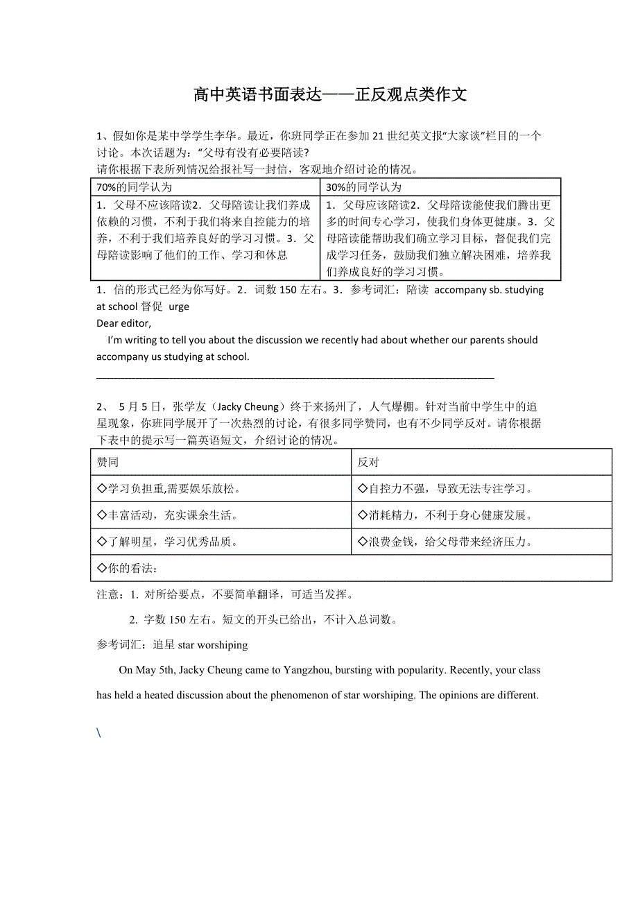 《名校推荐》江苏省扬州中学高中英语书面表达-正反观点类素材.doc_第1页