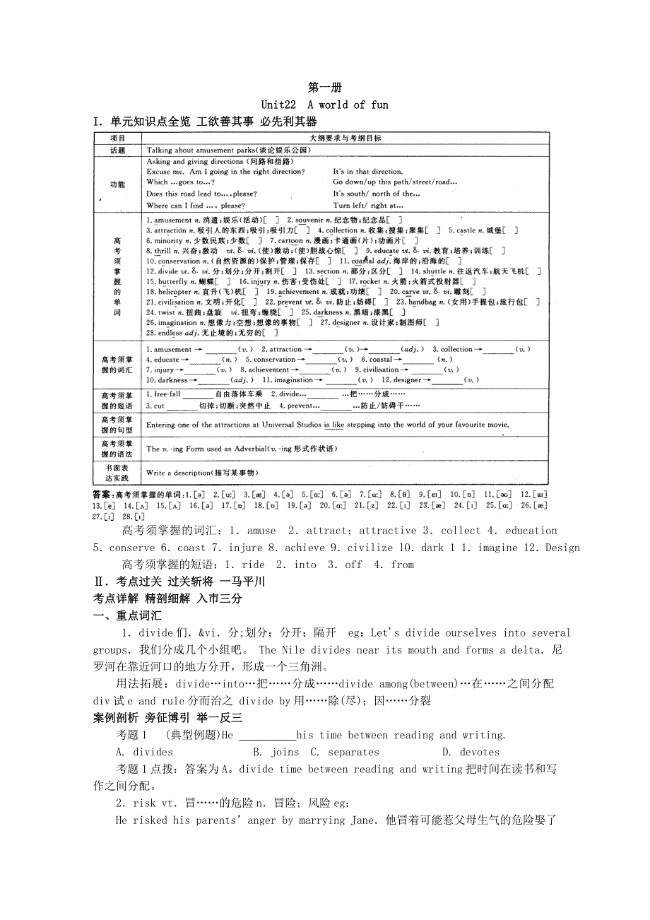 2011年高考英语总复习大纲版知识点精讲精析与高考试题预测：第一册UNIT 22 A WORLD OF FUN.doc_第1页