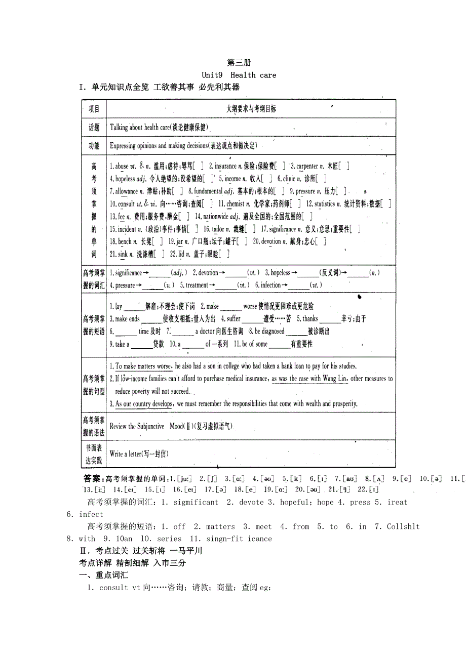2011年高考英语总复习大纲版知识点精讲精析与高考试题预测：第三册UNIT 9HEALTH CARE.doc_第1页