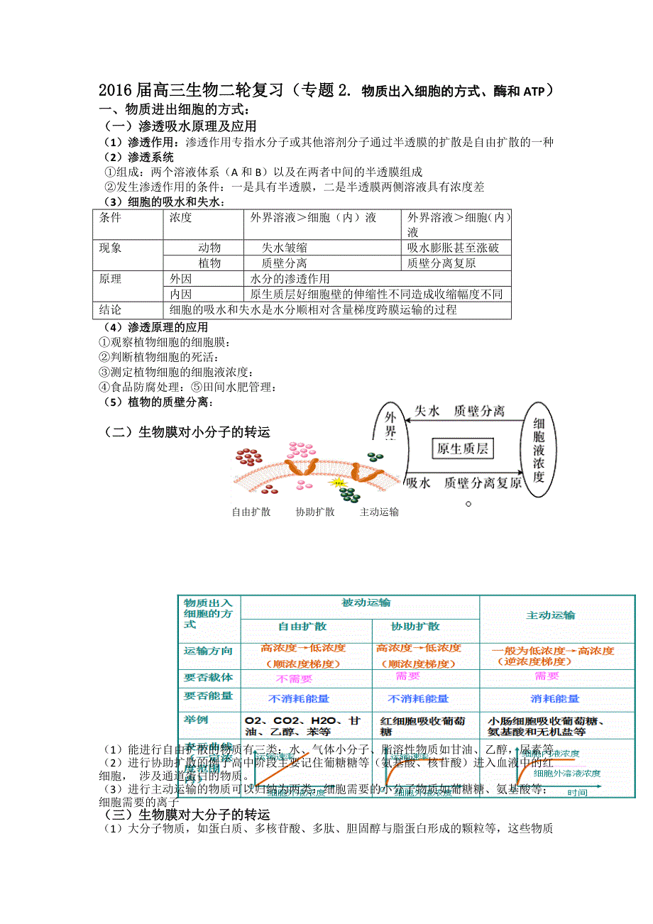 《名校推荐》江西省上高县第二中学2016届高三生物二轮复习专题讲义：专题2. 物质出入细胞的方式、酶和ATP（含答案）.doc_第1页