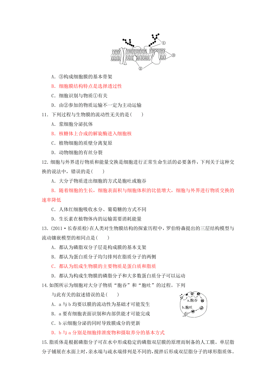 2013届高三生物一轮复习 课时训练 分子与细胞 4.2 生物膜的流动镶嵌模型.doc_第3页