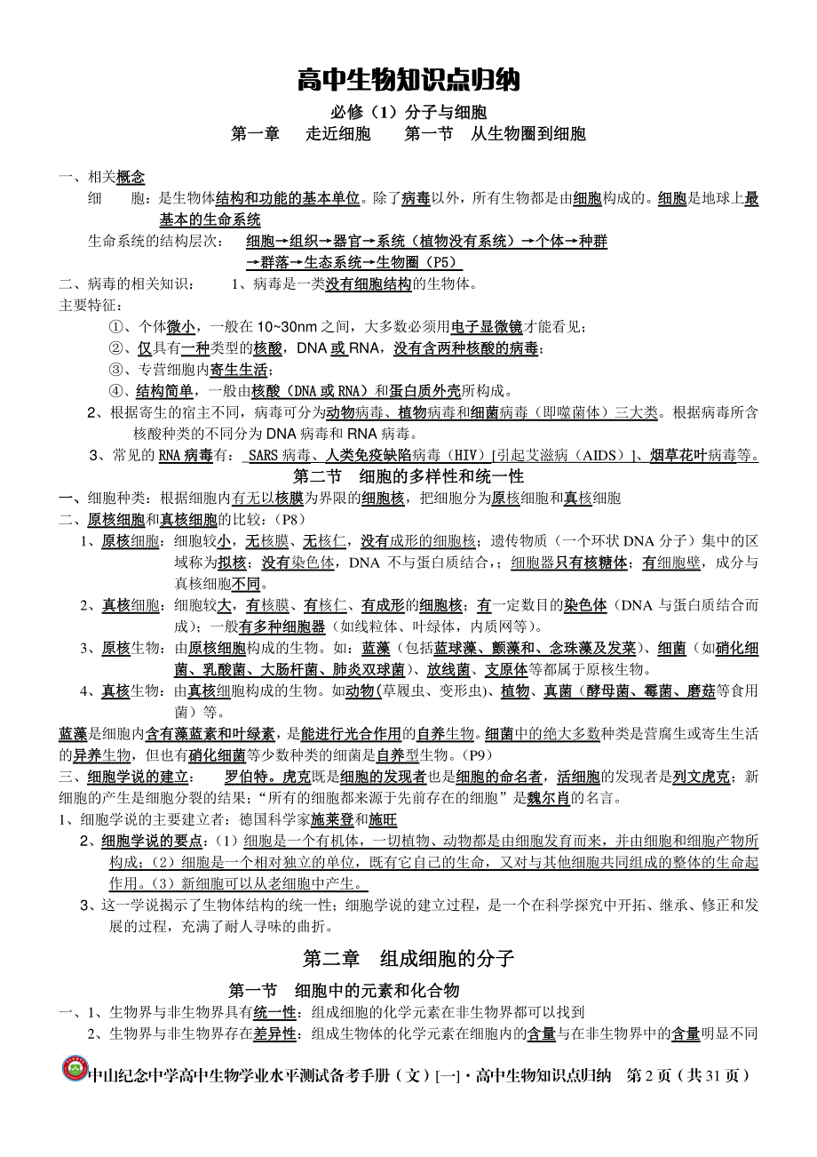 《名校推荐》广东省中山市纪念中学2016年高中生物学业考试备考手册（文理）《一》 高中生物知识点归纳 PDF版.pdf_第2页