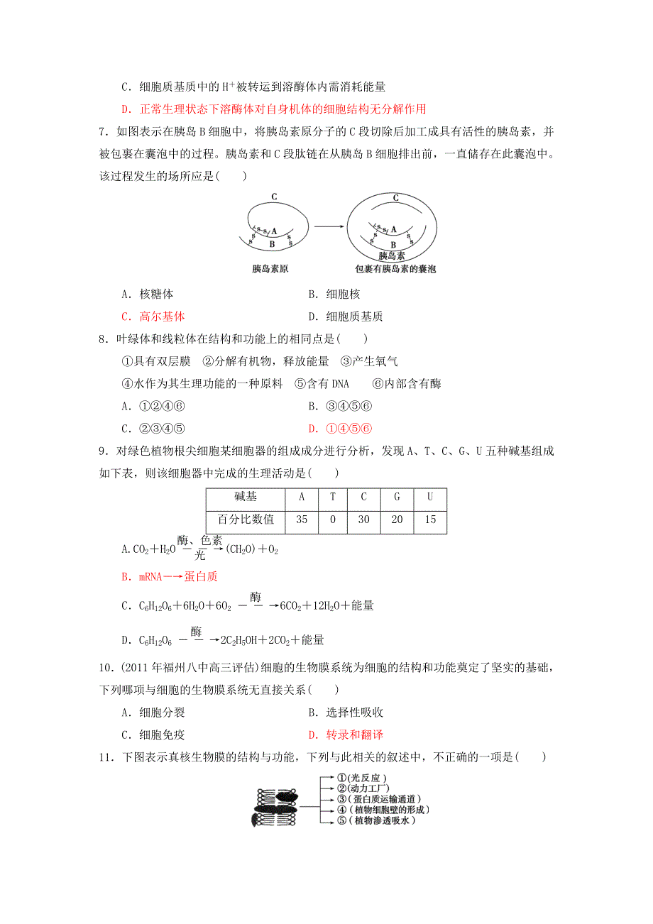 2013届高三生物一轮复习 单元练习 分子与细胞 第3章细胞的基本结构.doc_第2页