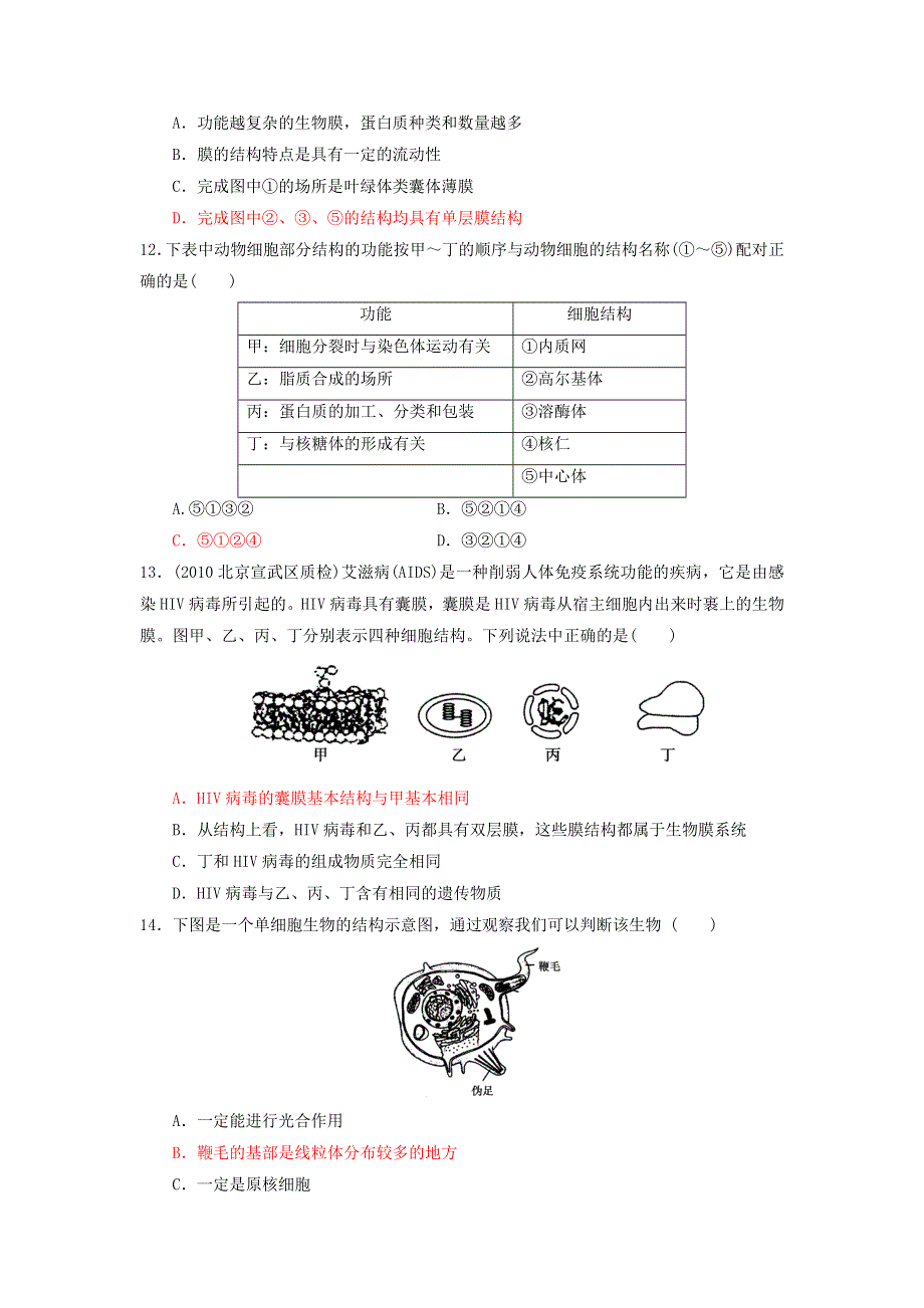 2013届高三生物一轮复习 单元练习 分子与细胞 第3章细胞的基本结构.doc_第3页