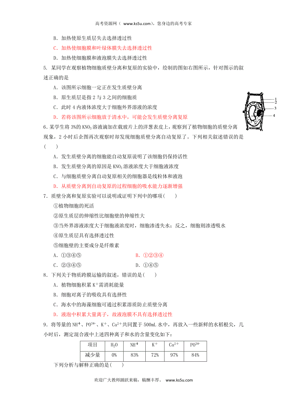 2013届高三生物一轮复习 课时训练 分子与细胞 4.1 物质跨膜运输的实例.doc_第2页