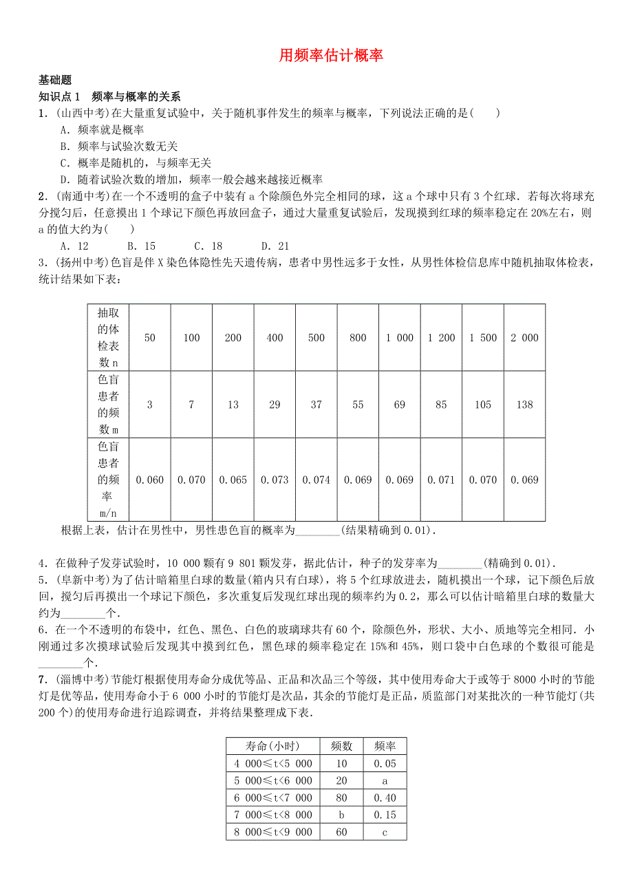 九年级数学下册 第4章 概率（用频率估计概率）课时练习（新版）湘教版.doc_第1页