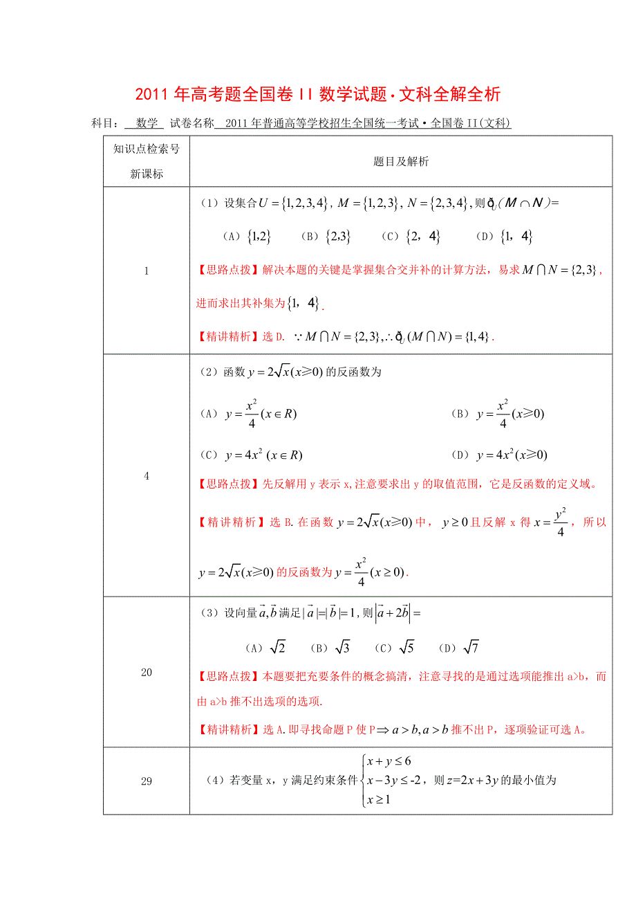 2011年高考试题——数学文（全国卷）解析版.doc_第1页