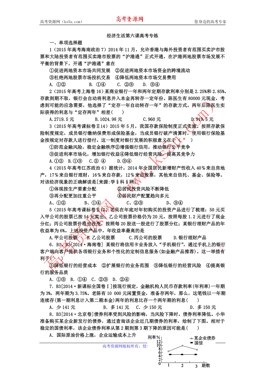 《名校推荐》河北定州中学2016届高三一轮复习经济生活高考试题专练：第六课 投资理财的选择 WORD版含答案.doc_第1页