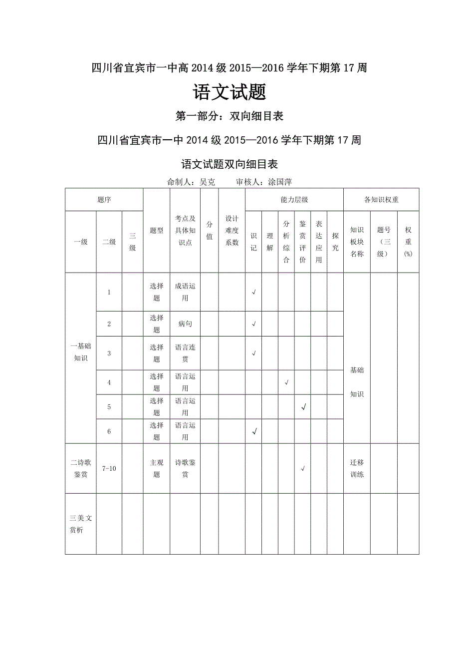 四川省宾宾市第一中学2015-2016学年高二下学期第17周考试语文试题 WORD版含答案.doc_第1页