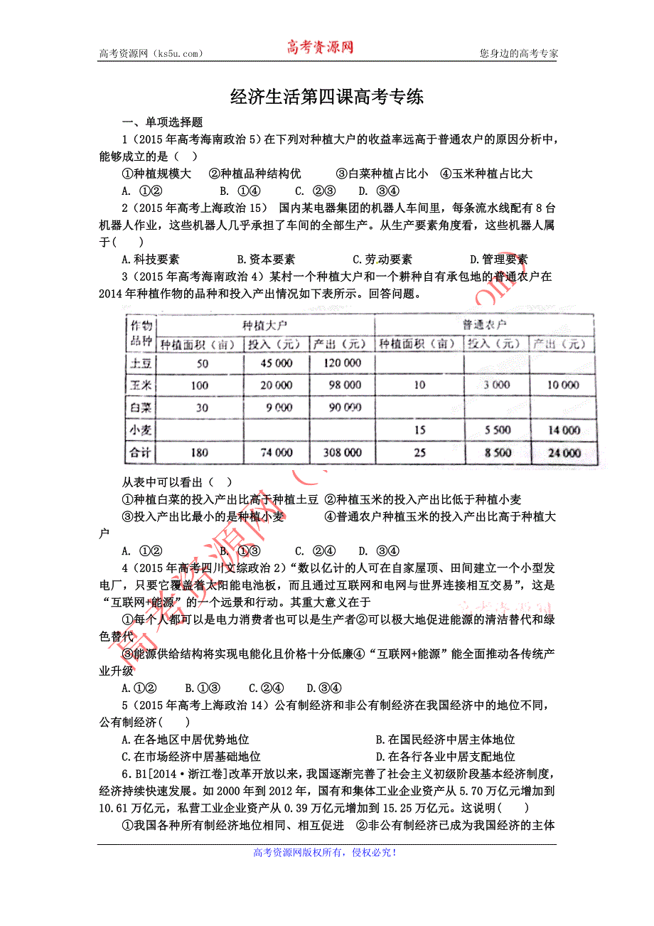 《名校推荐》河北定州中学2016届高三一轮复习经济生活高考试题专练：第四课 生产与经济制度 WORD版含答案.doc_第1页