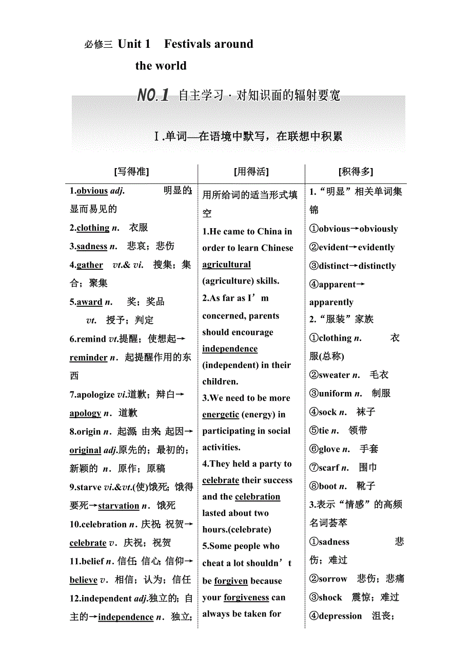 《三维设计》2017届高三英语（人教版新课标）一轮复习导学案必修三 UNIT 1　FESTIVALS AROUND WORD版含答案.doc_第1页