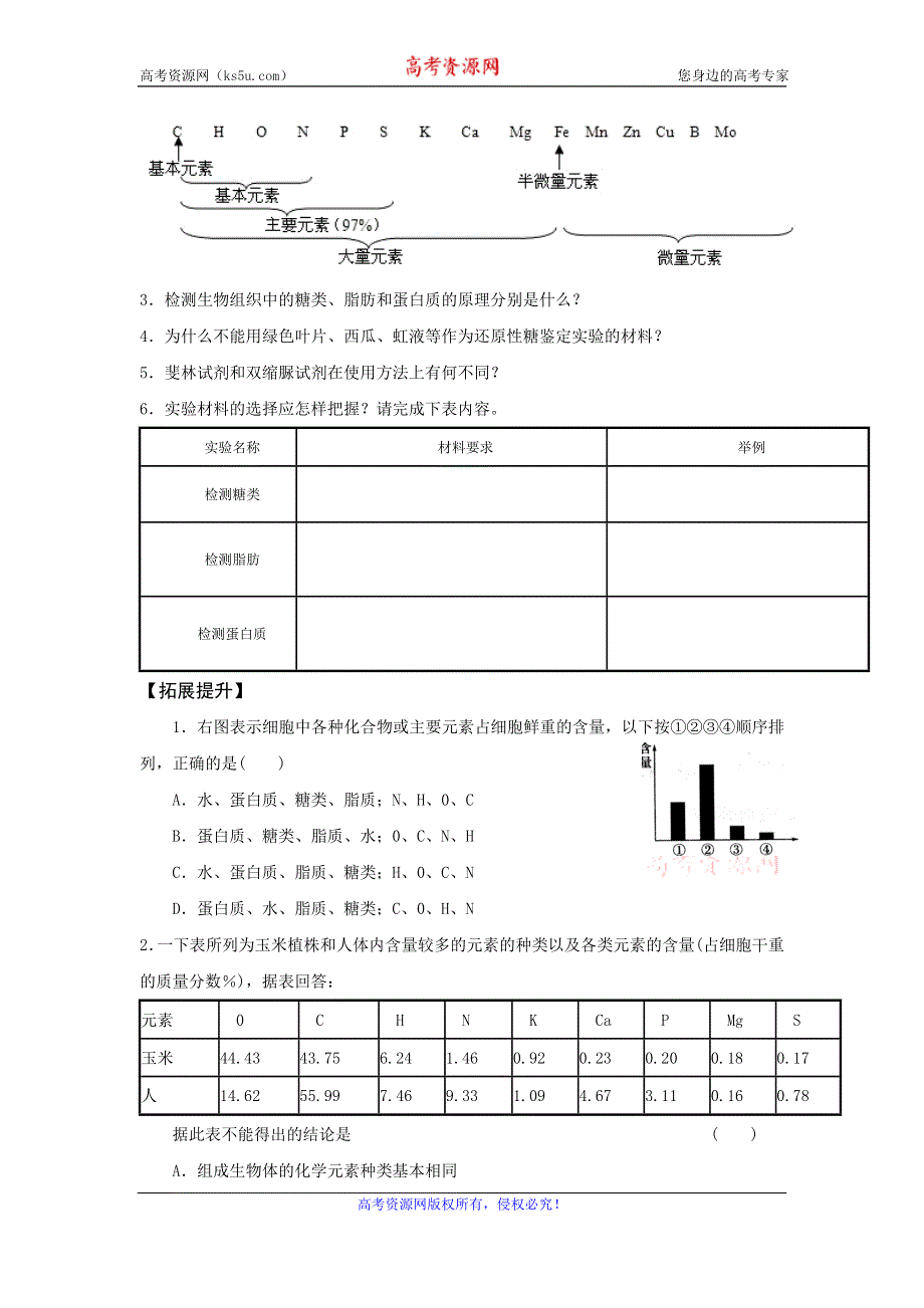 《名校推荐》河北省定州中学2016-2017学年人教版高一生物必修一 2.1 细胞中的元素和化合物 学案 学生版 .doc_第3页