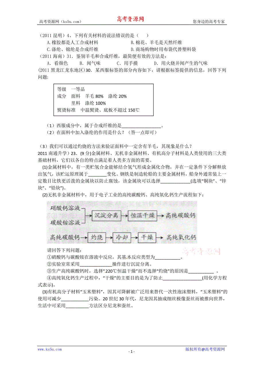 2011年高考试题按专题分类汇总 化学的重要作用-材料.doc_第1页