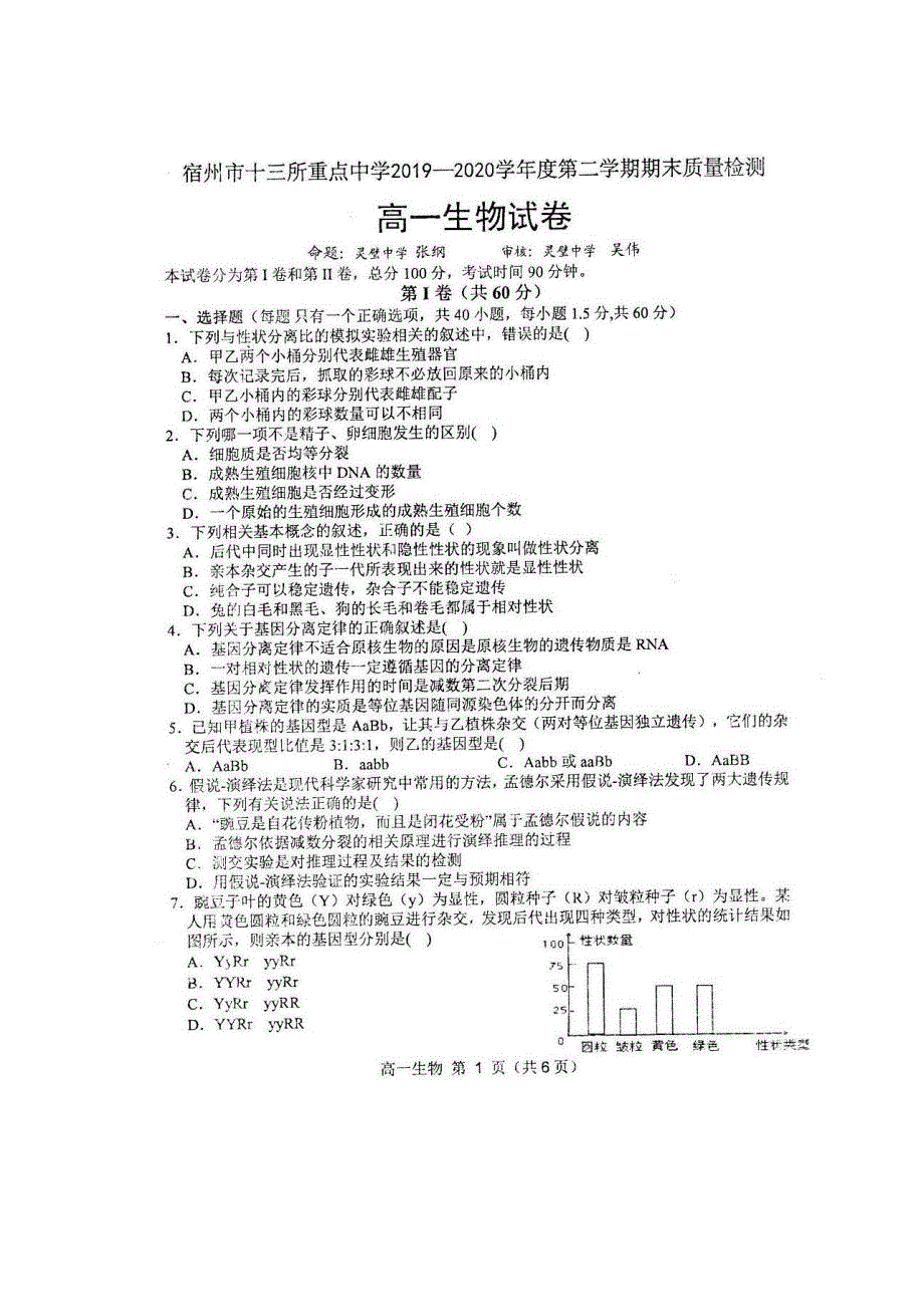 安徽省宿州市十三所省重点中学2019-2020学年高一下学期期末联考生物试题 图片版含答案.pdf_第1页