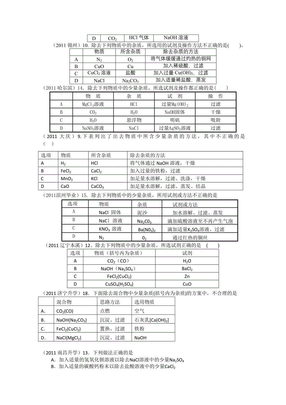 2011年高考试题按专题分类汇总 常用的化学实验技能-1除杂.doc_第3页