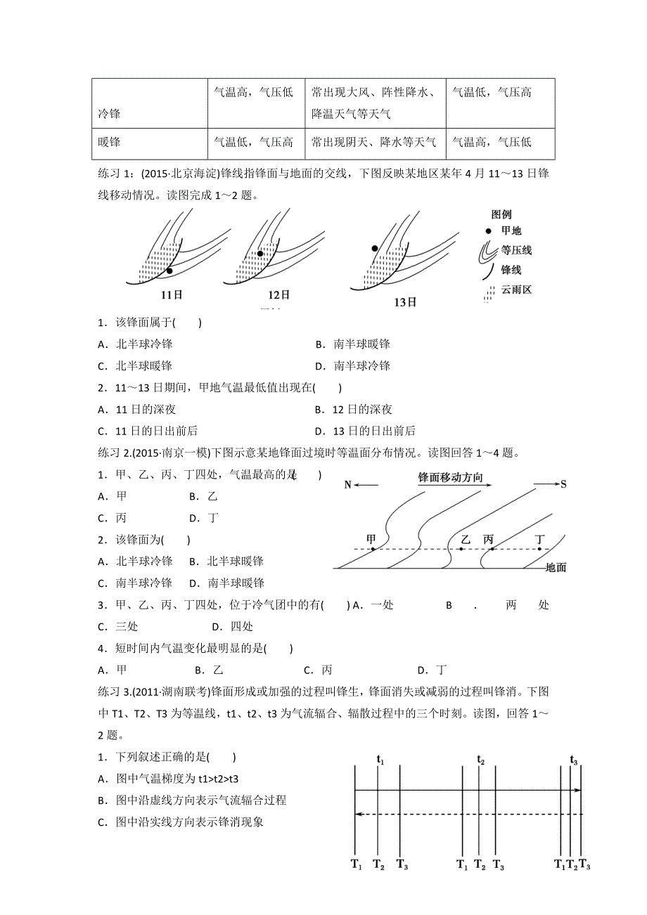 《名校推荐》河北省定州中学2017届高三湘教版地理一轮复习专题导学案常见的天气系统.doc_第3页