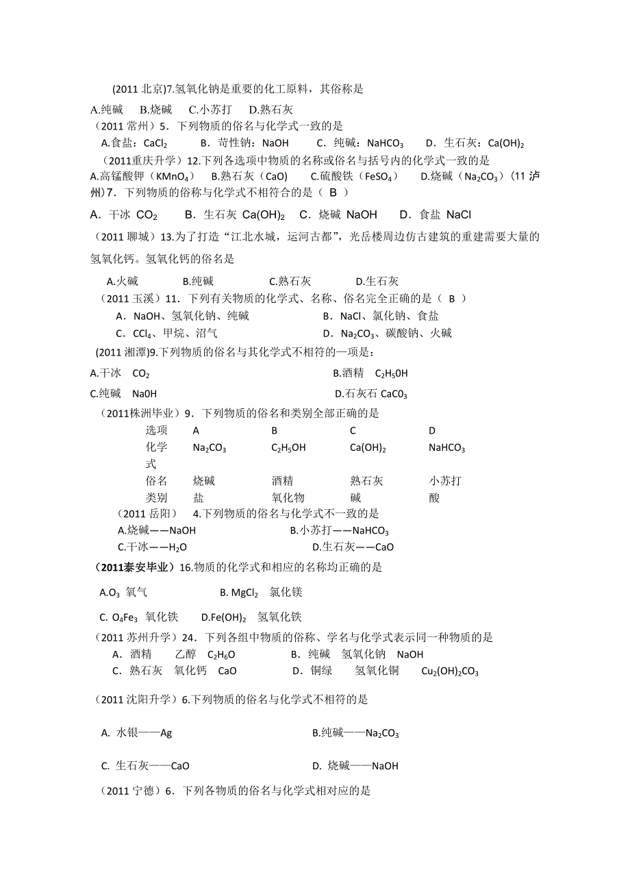 2011年高考试题按专题分类汇总 物质的分类-2物质的俗称.doc_第1页