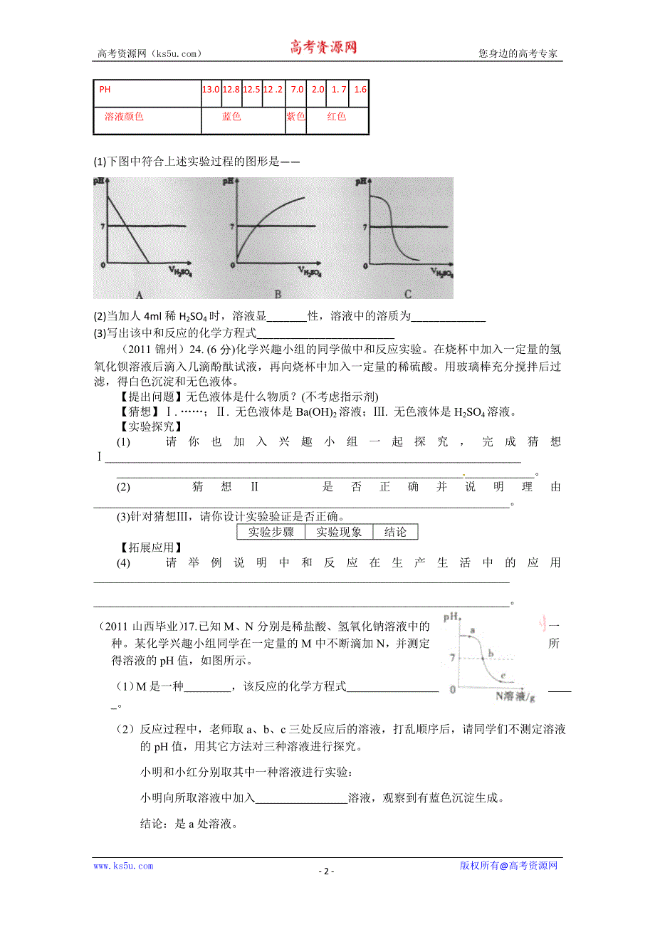 2011年高考试题按专题分类汇总 酸碱盐和氧化物-3酸碱中和反应.doc_第2页