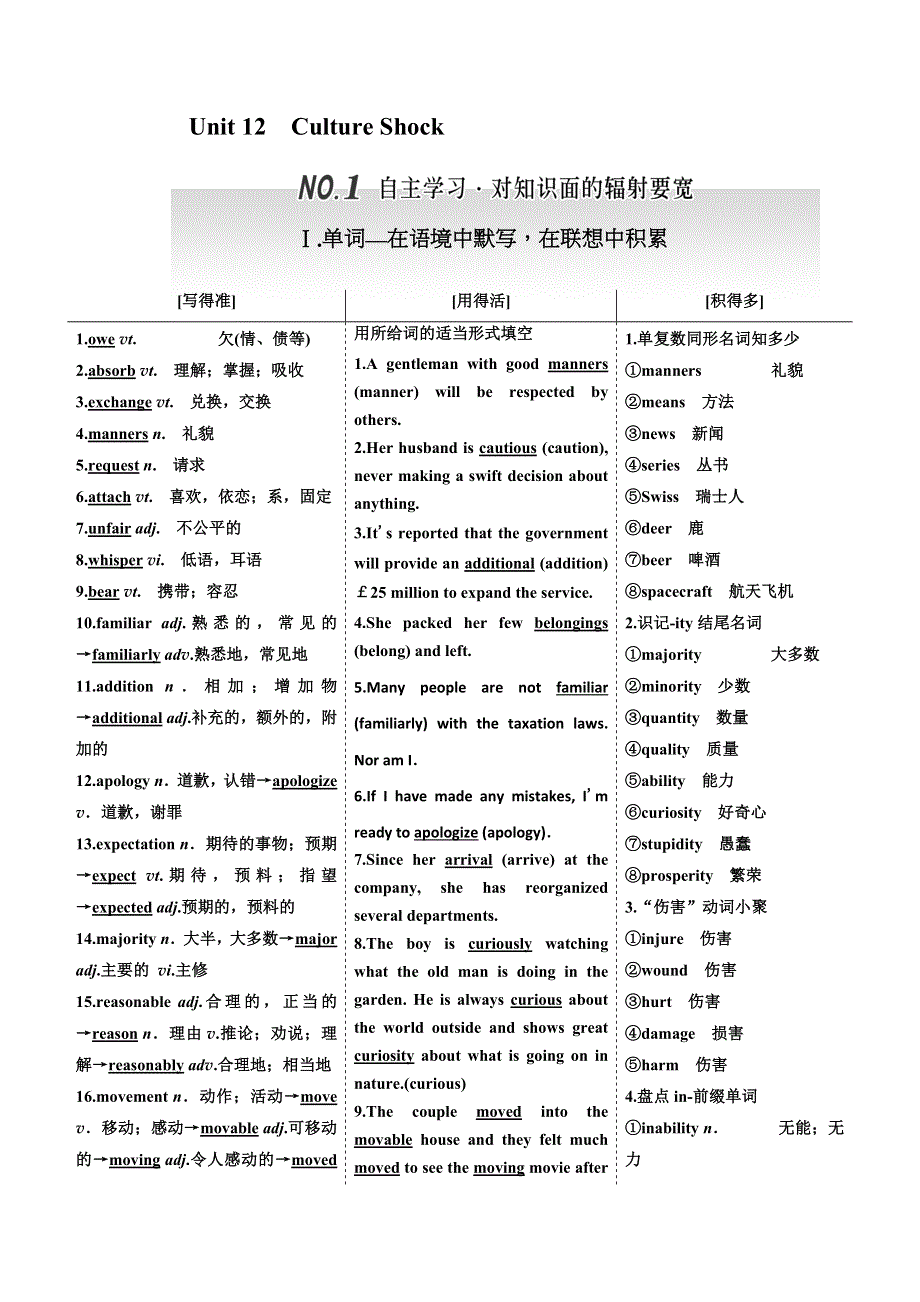 《三维设计》2017届高三英语（北师大版）一轮复习教学案：UNIT 12CULTURE SHOCK WORD版含答案.DOC_第1页