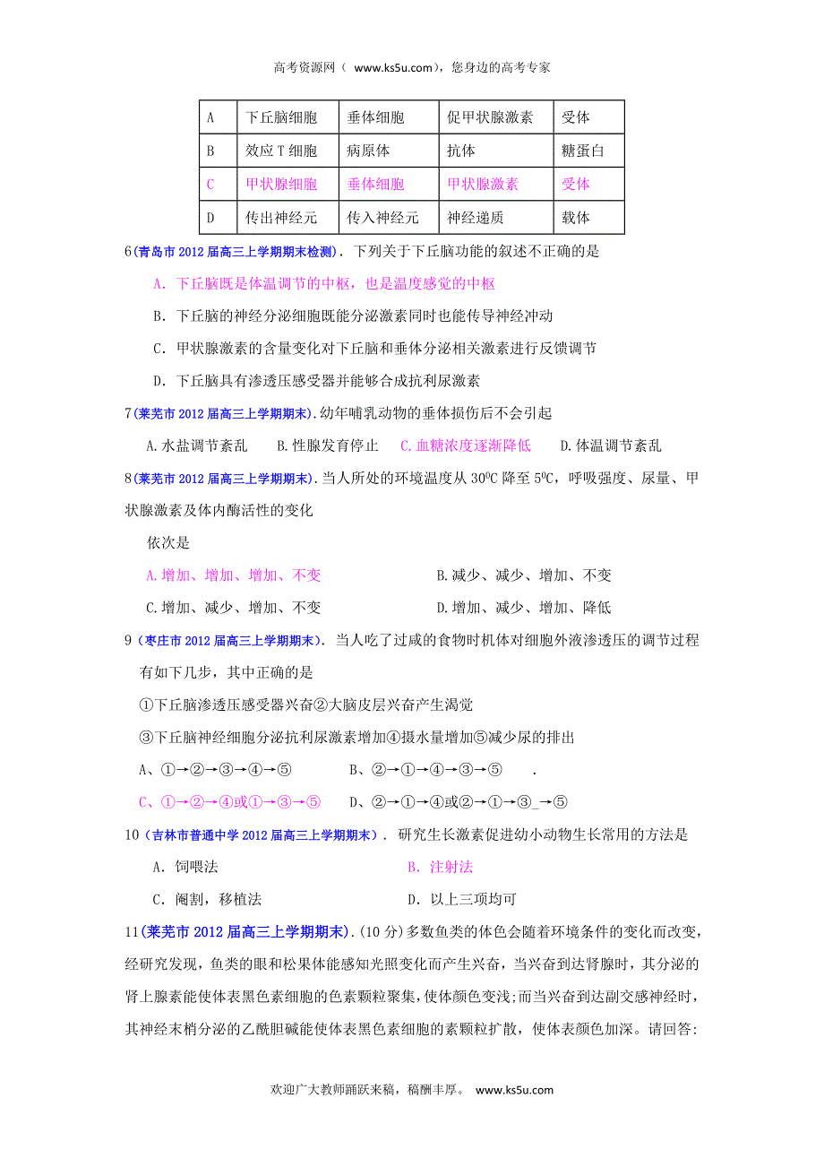 2013届高三生物一轮复习 课时训练 稳态与环境 2.3 神经调节与体液调节的关系.doc_第2页