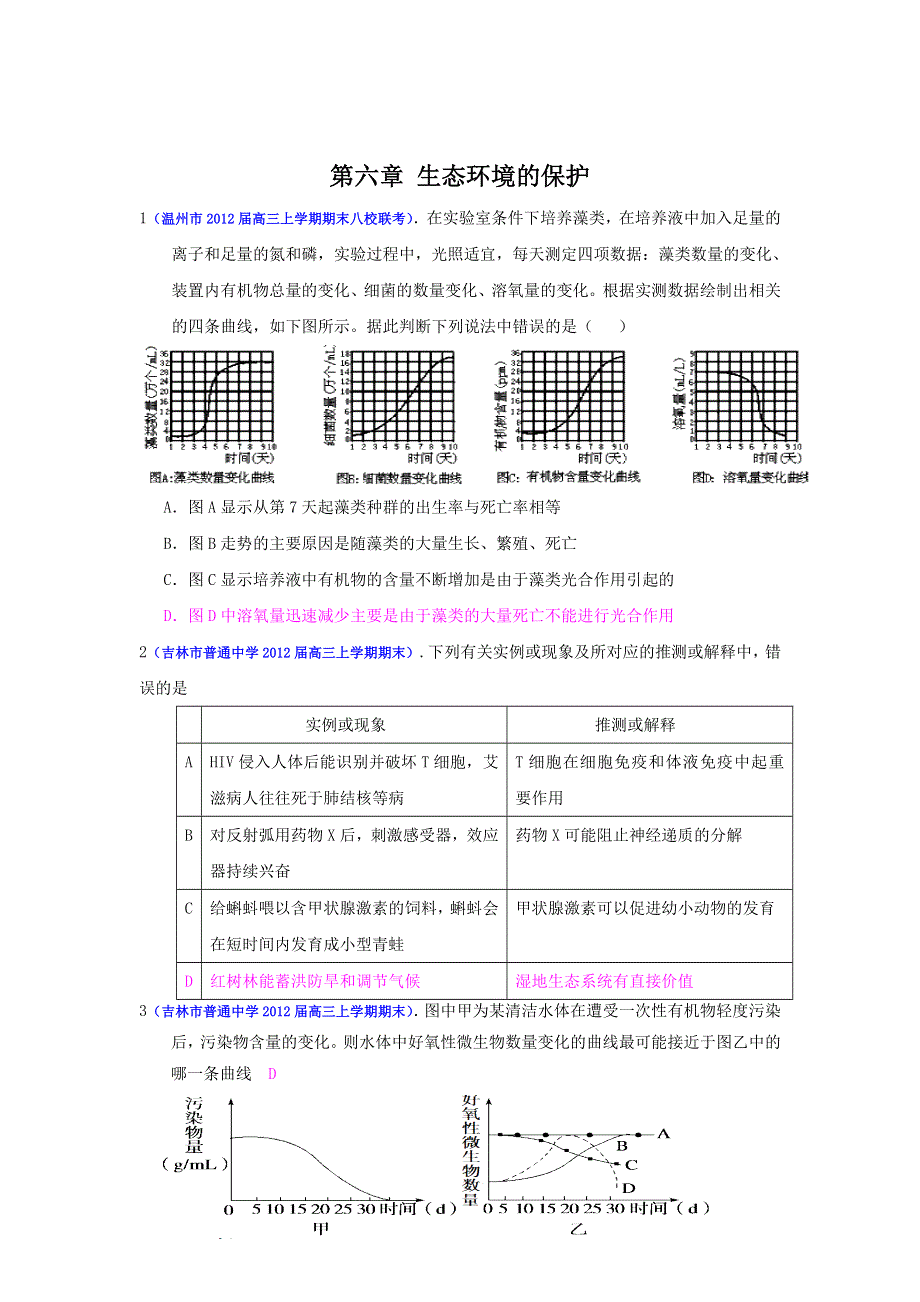 2013届高三生物一轮复习 课时训练 稳态与环境 6 生态环境的保护.doc_第1页