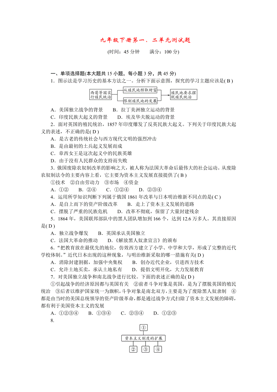 九年级历史下册 第一、二单元综合测试题 新人教版.doc_第1页