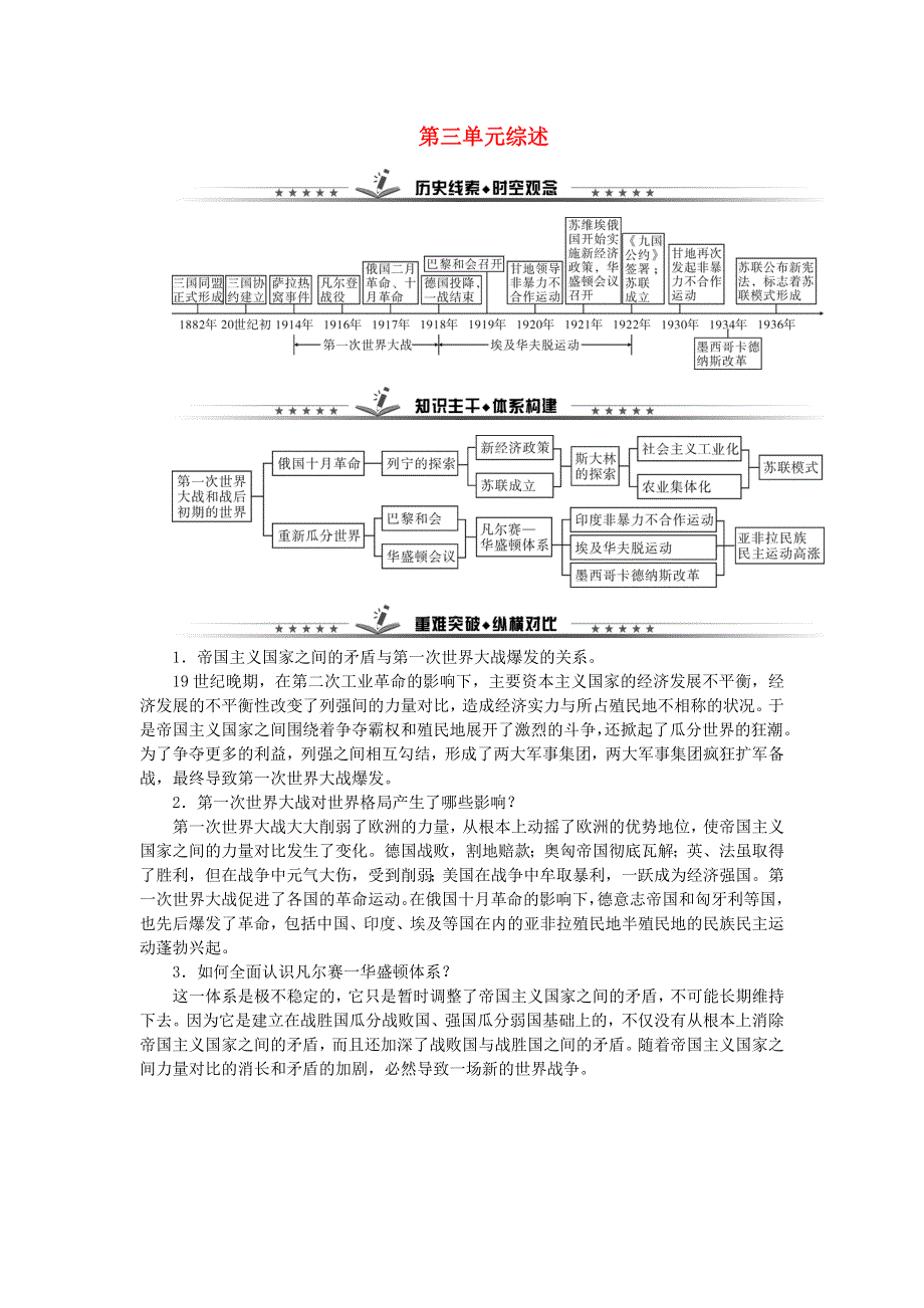 九年级历史下册 第三单元 第一次世界大战和战后初期的世界单元综述 新人教版.doc_第1页