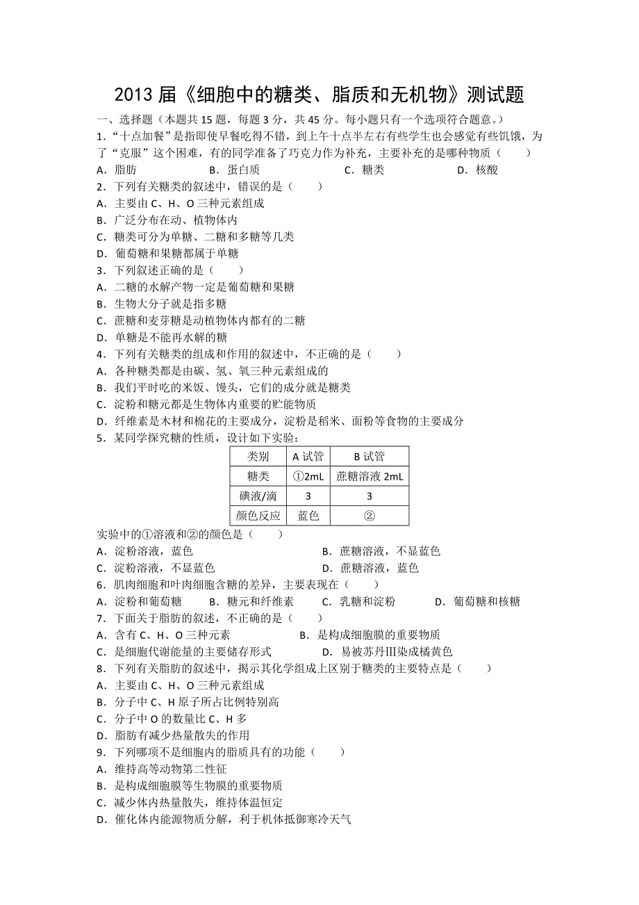 2013届高三生物一轮复习单元测试：细胞中的糖类、脂质和无机物.doc_第1页