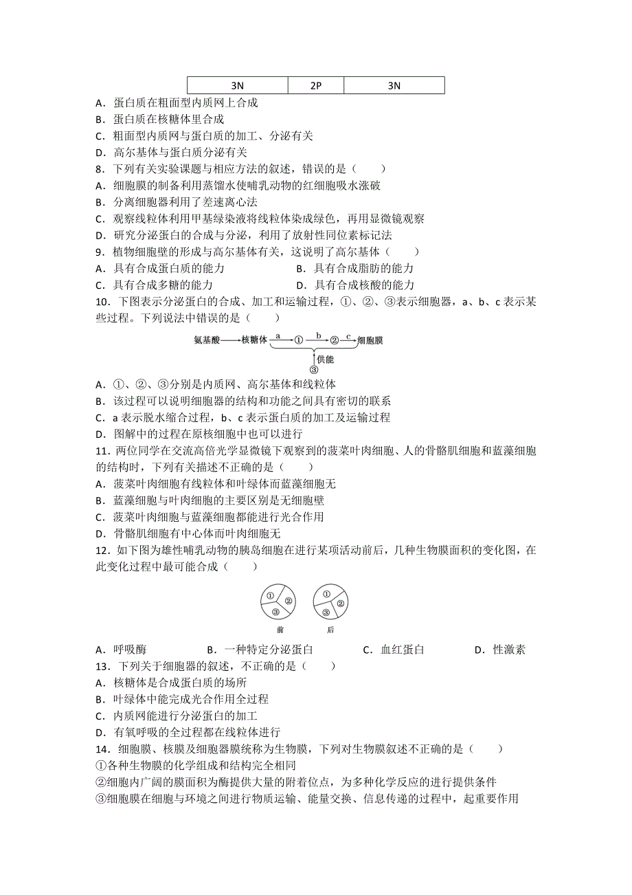 2013届高三生物一轮复习单元测试：细胞膜和细胞器.doc_第2页