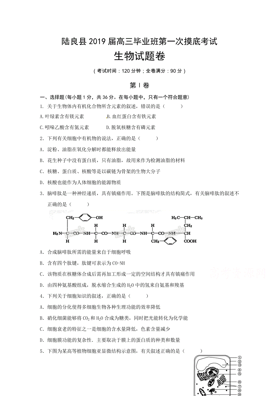 云南省陆良县第八中学2019届高三上学期县一测生物试题 WORD版含答案.doc_第1页