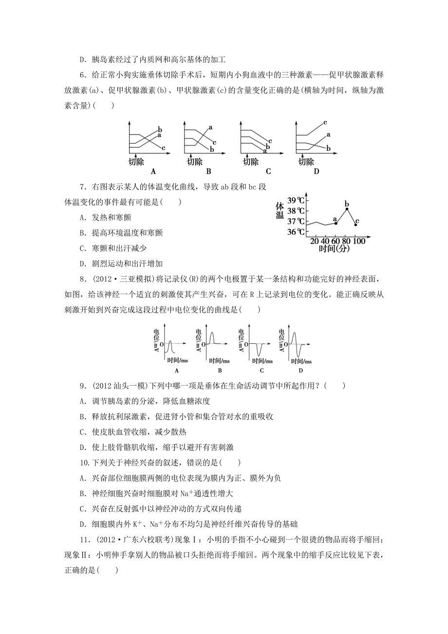 2013届高三生物复习：专题十一人和动物生命活动的调节综合检测.doc_第2页