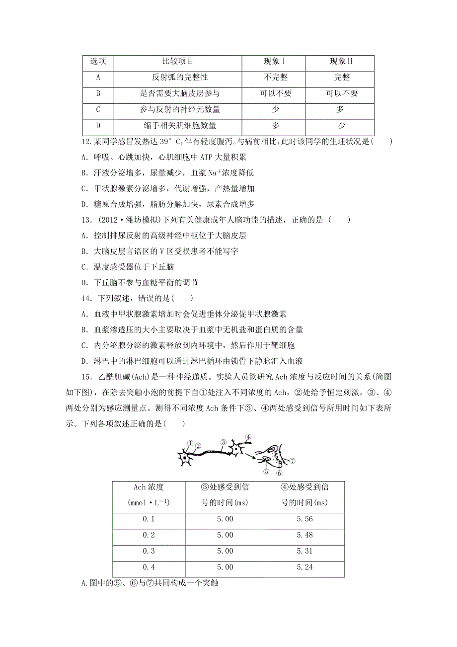 2013届高三生物复习：专题十一人和动物生命活动的调节综合检测.doc_第3页