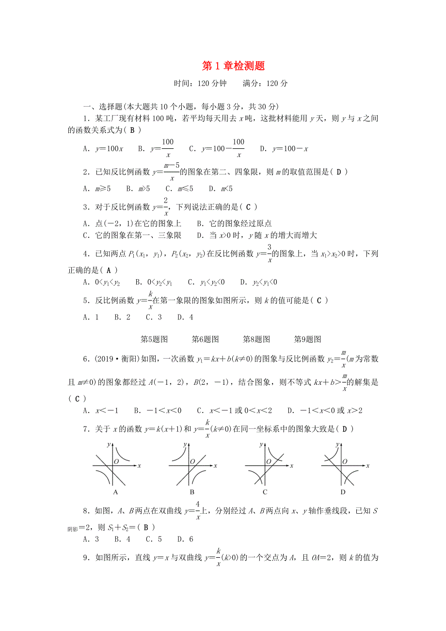 九年级数学上册 第1章 反比例函数检测题 （新版）湘教版.doc_第1页