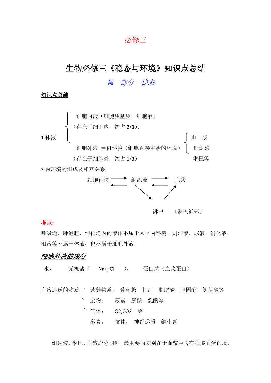 2013届高三生物知识点总结：必修3 第1部分 稳态.doc_第1页