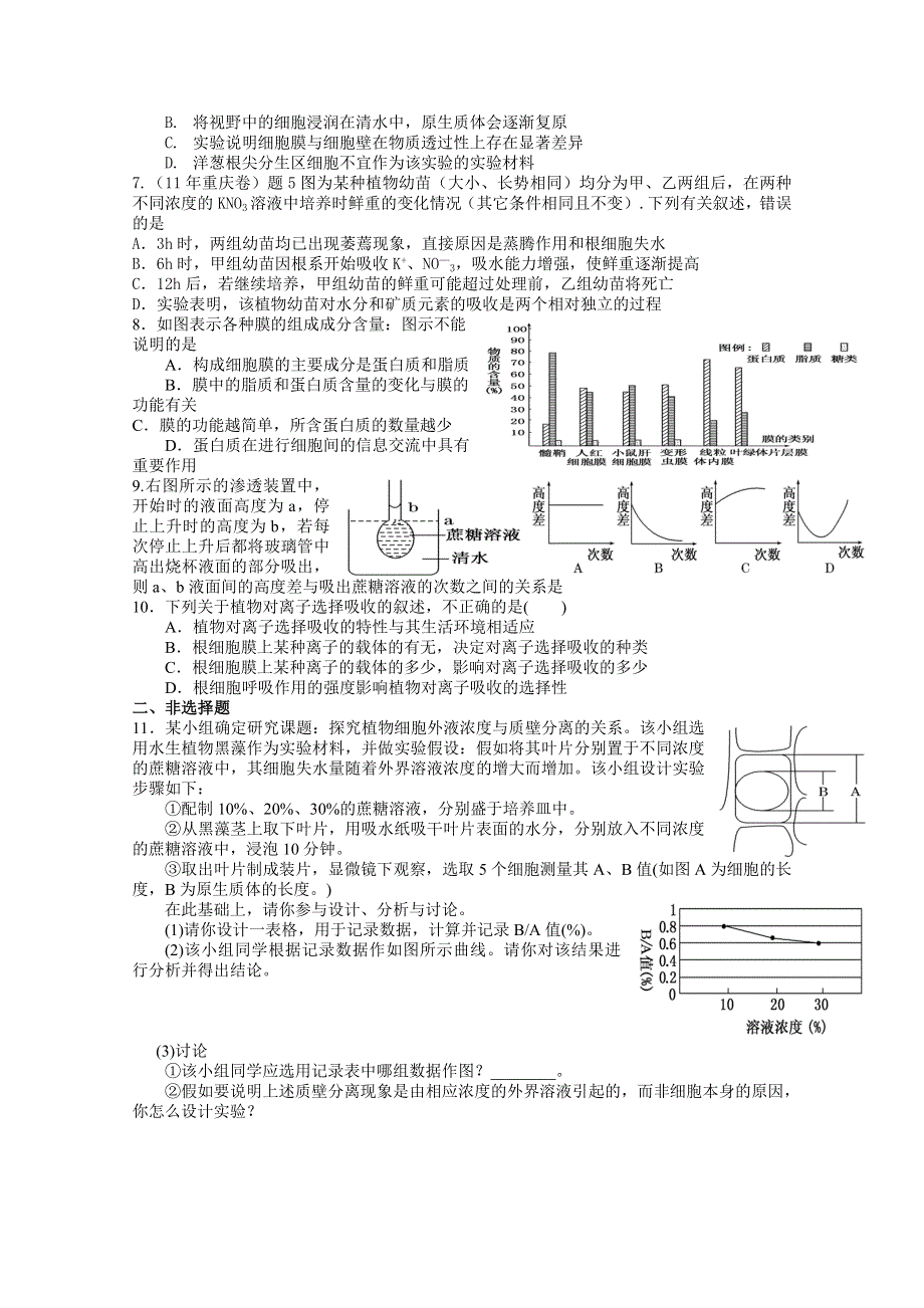 2013届高三生物测试题细胞膜、生物膜的流动镶嵌模型、物质跨膜运输的方式（实验探究）.doc_第2页