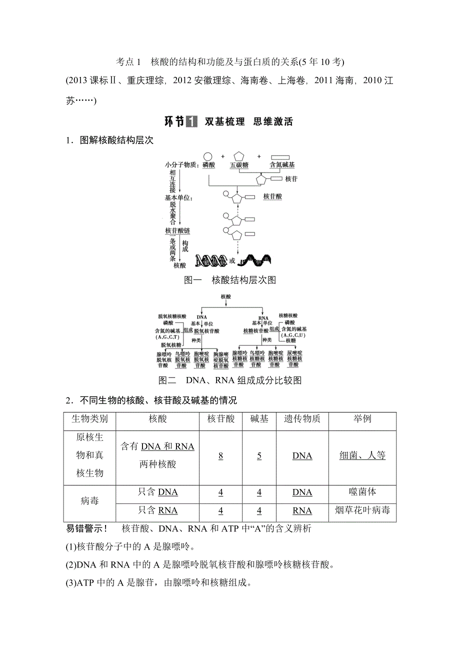 《创新设计》2015届高考生物（人教版）基础知识总复习：1-1-4 遗传信息的携带者——核酸 细胞中的糖类和脂质 考点1 核酸的结构和功能及与蛋白质的关系(5年10考) WORD版含答案.doc_第1页