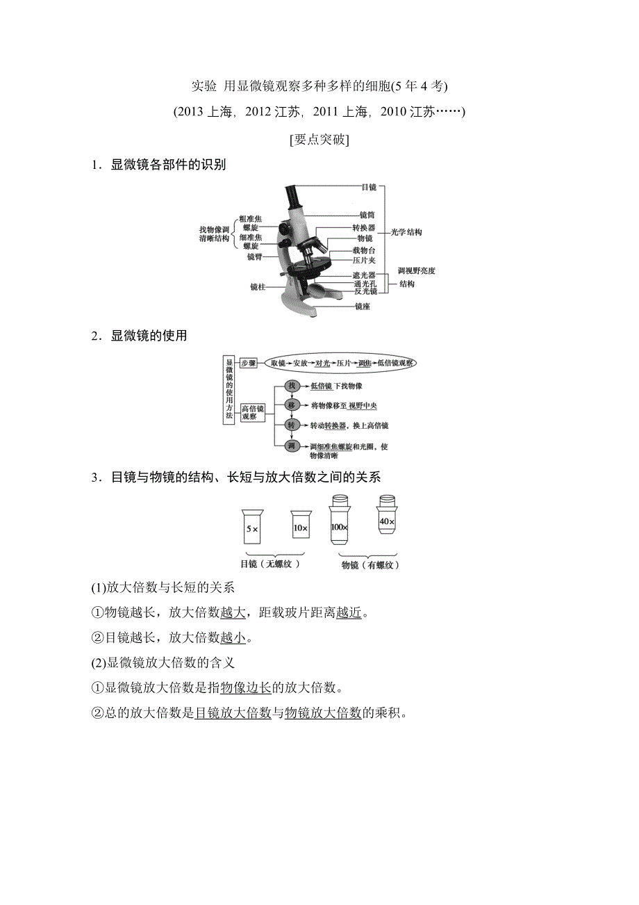 《创新设计》2015届高考生物（人教版）基础知识总复习：1-1-1 走近细胞 实验 用显微镜观察多种多样的细胞(5年4考) WORD版含答案.doc_第1页