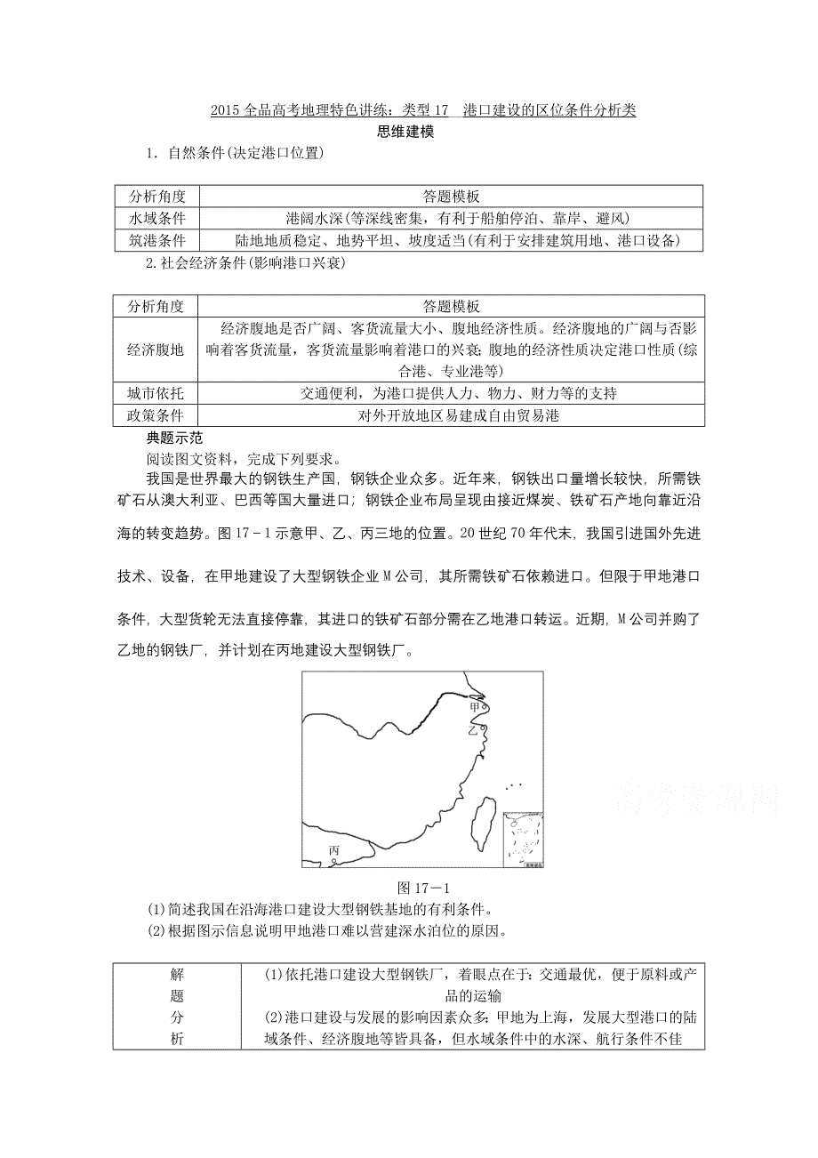 2015全品高考地理特色讲练 类型17 港口建设的区位条件分析类 WORD版含答案.doc_第1页