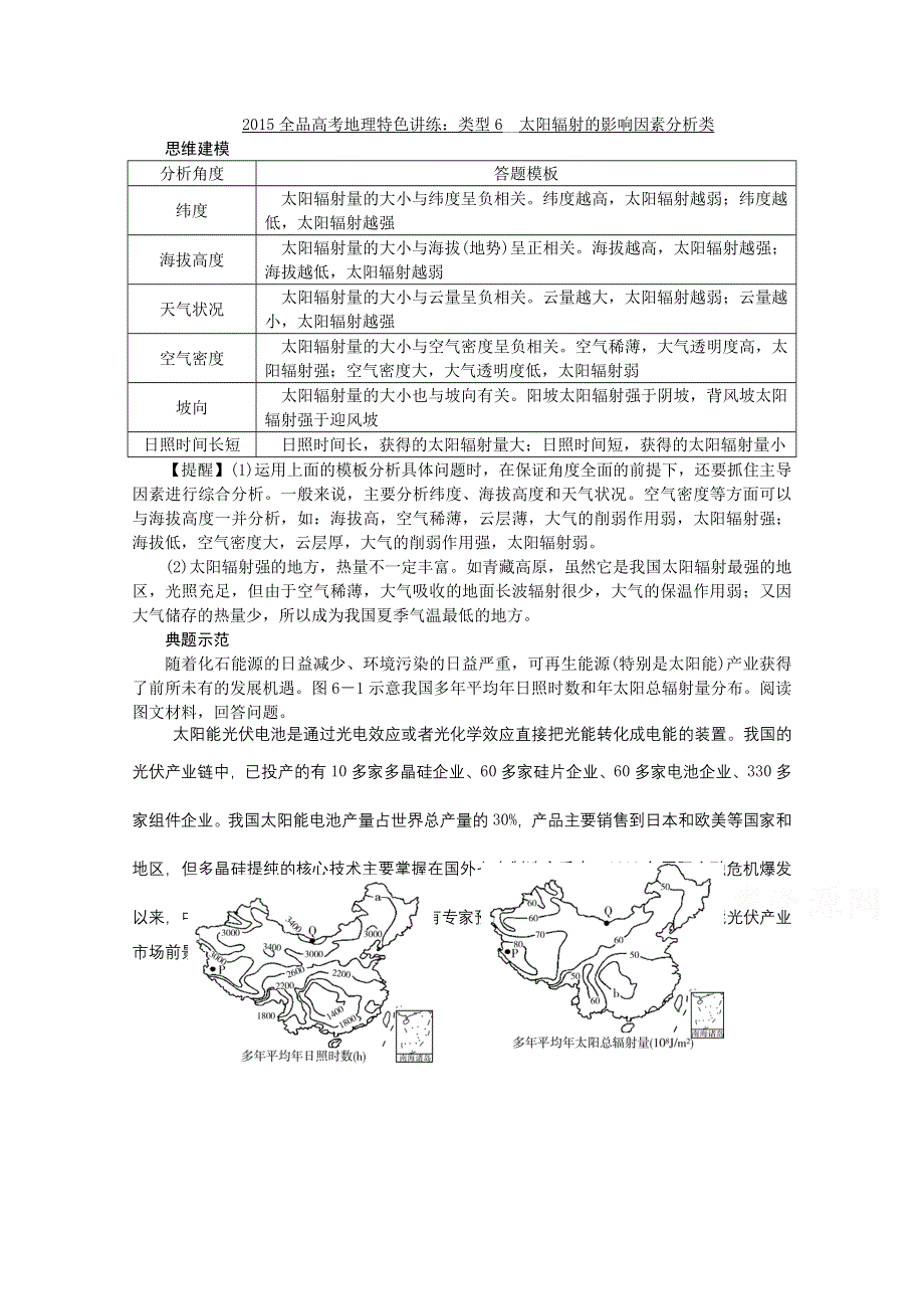 2015全品高考地理特色讲练 类型6 太阳辐射的影响因素分析类 WORD版含答案.doc_第1页