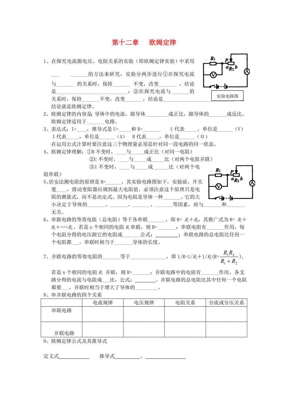 九年级物理全册 第十二章 欧姆定律知识点小结及实验突破（新版）北师大版.doc_第1页