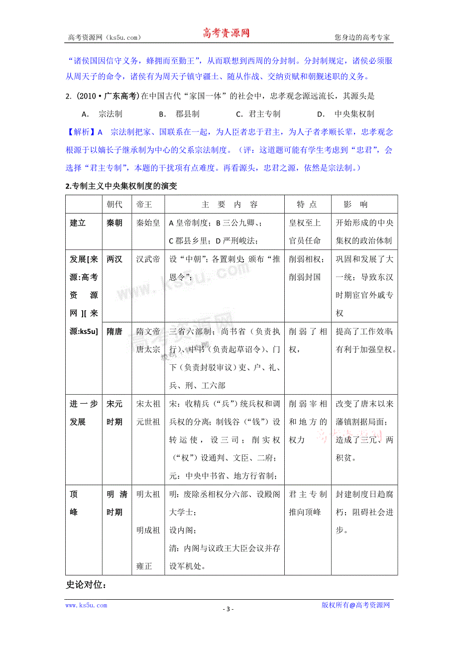 2011最新版高考历史二轮专题复习学案：1.1 中国古代政治文明.doc_第3页