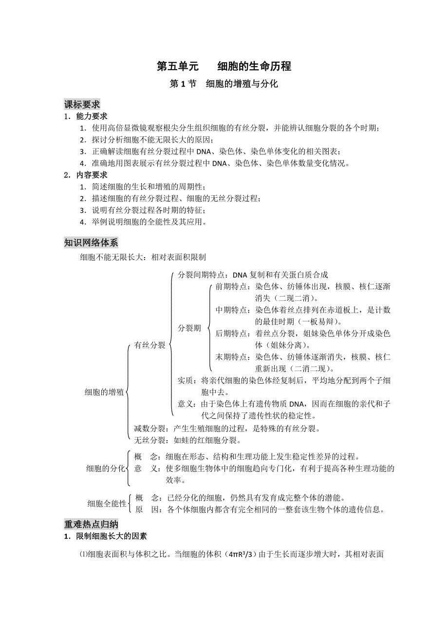 2011新课标高中生物专题复习必修I细胞与分子－5、细胞的生命历程－细胞的增殖与分化.doc_第1页