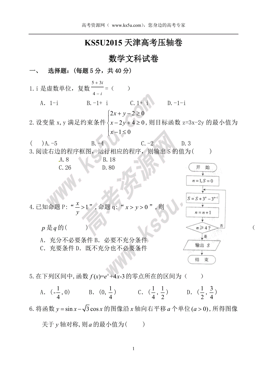 2015天津高考压轴卷 文科数学 WORD版含答案.doc_第1页